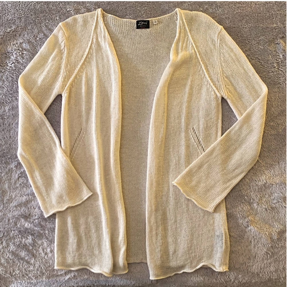 Ivory Knit Linen Open Front Cardigan 360 Sweater Zen Beach Coastal Boho - Picture 2 of 6